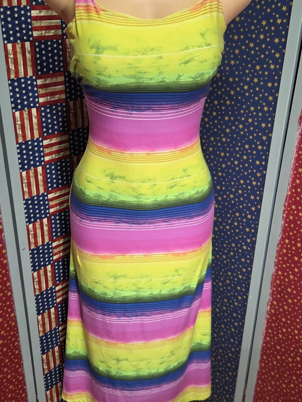 **Love Sleeveless Rainbow Stripe Maxi Dress - Pink & Yellow**